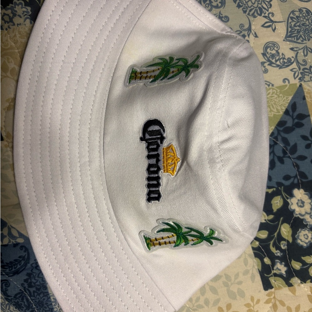 White Corona Bucket Hat with Embroidered Palm Design